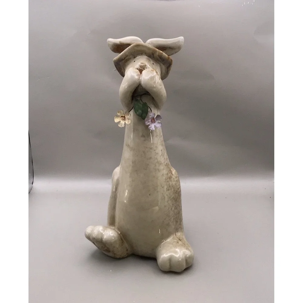 Stoneware Pottery Bunny Rabbit Figurine Wearing A Hat - Natural Color - 10